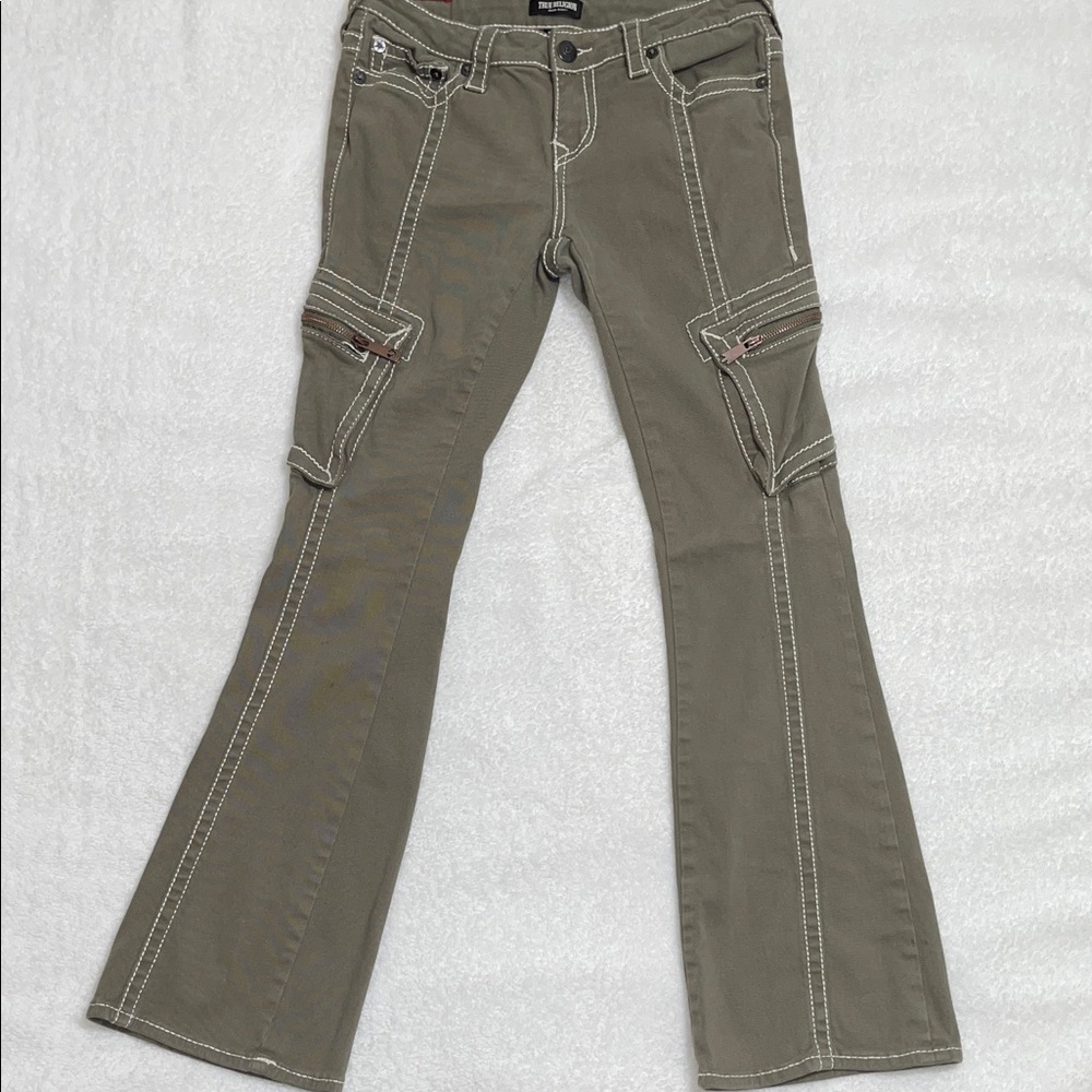True Religion Becca LR Cargo Bootcut Big T Khaki Pants with Contrast Stitching